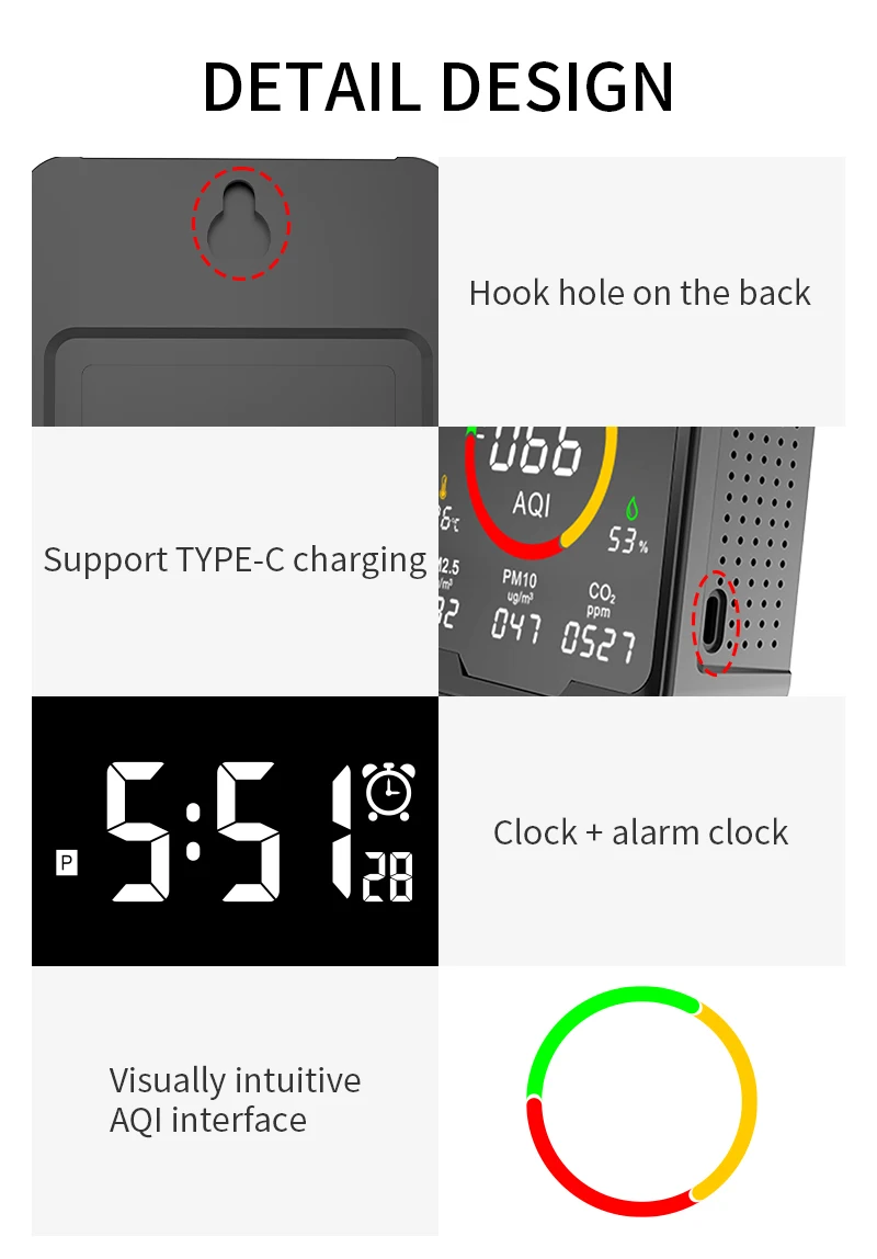 Detects AQI temperature and humidity Carbon Dioxide PM2.5 PM10 with Sound alarm PTH-9A Multi-function air monitor