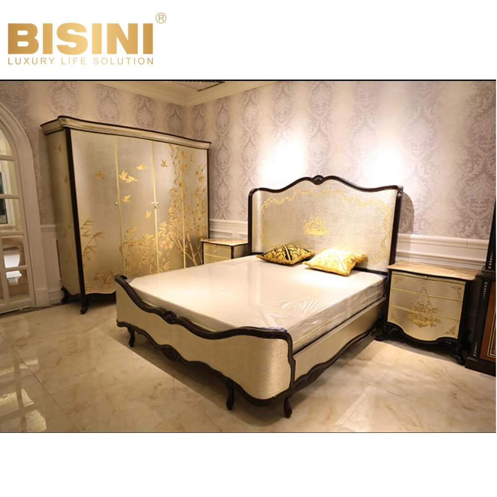 High Class British Style Farmhouse Silver Foil Inlaid Bed Set Solid Wood Hand Painting Flowers Princess Double Bed