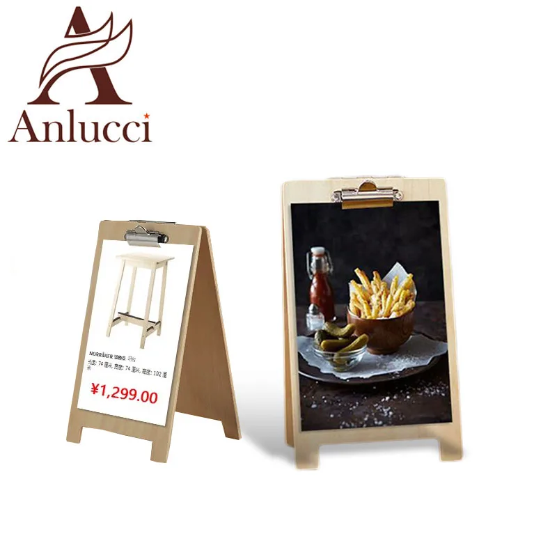 Wholesale custom A shape advertising wooden base menu holders table stand with clip