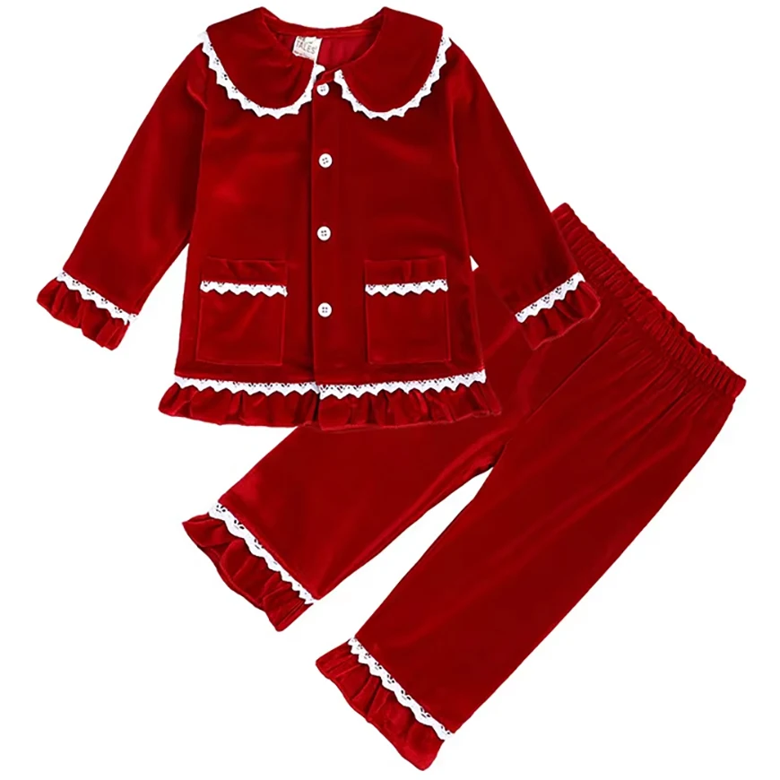 Rarewe Girls Nightdress Matching Kids Winter Red Velvet Long Sleeve Collared Children Christmas Pyjamas