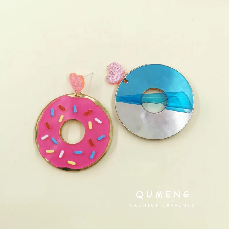 Quality Glitter Heart Hot Pink Donut Mirror Acrylic Drop Earrings Cute Rainbow Girls Jewelry Gift
