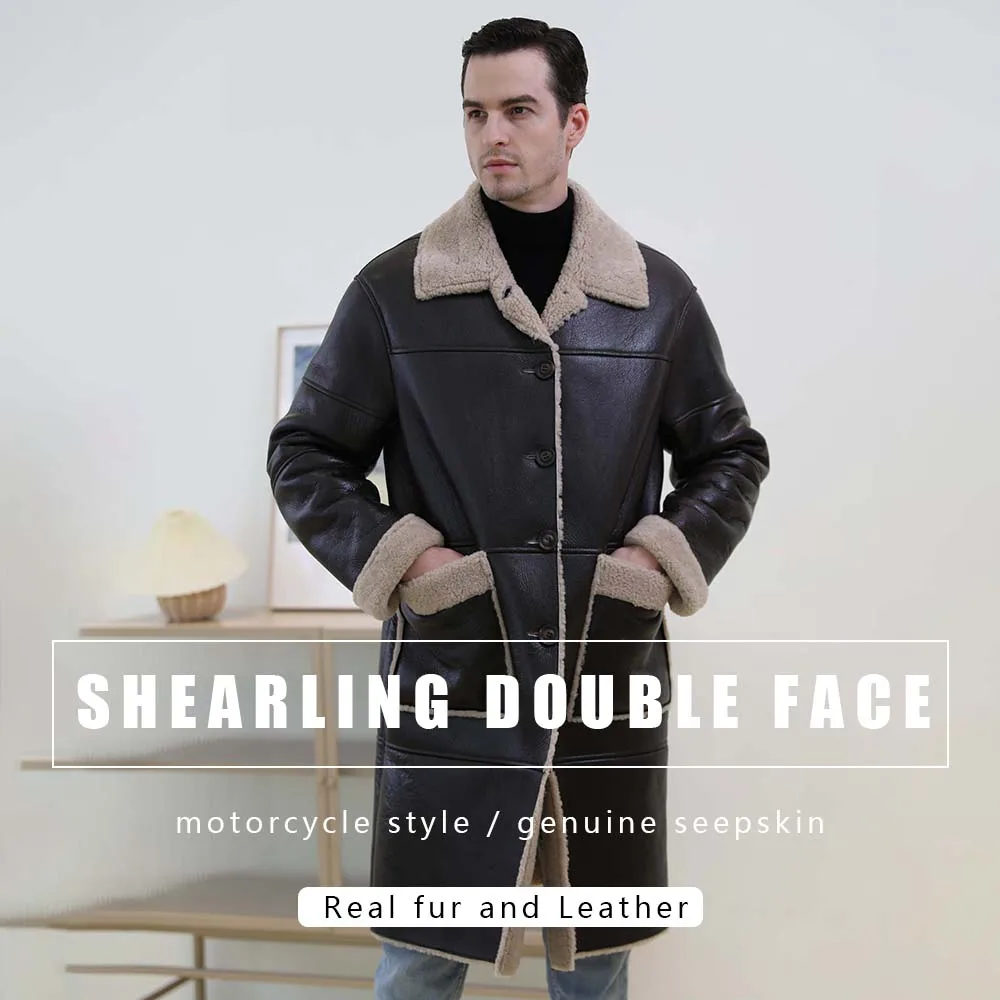 Men Windproof Sheep Shearing Doubleface Real Leather Long Men Genuine Bomber Leather Jacket