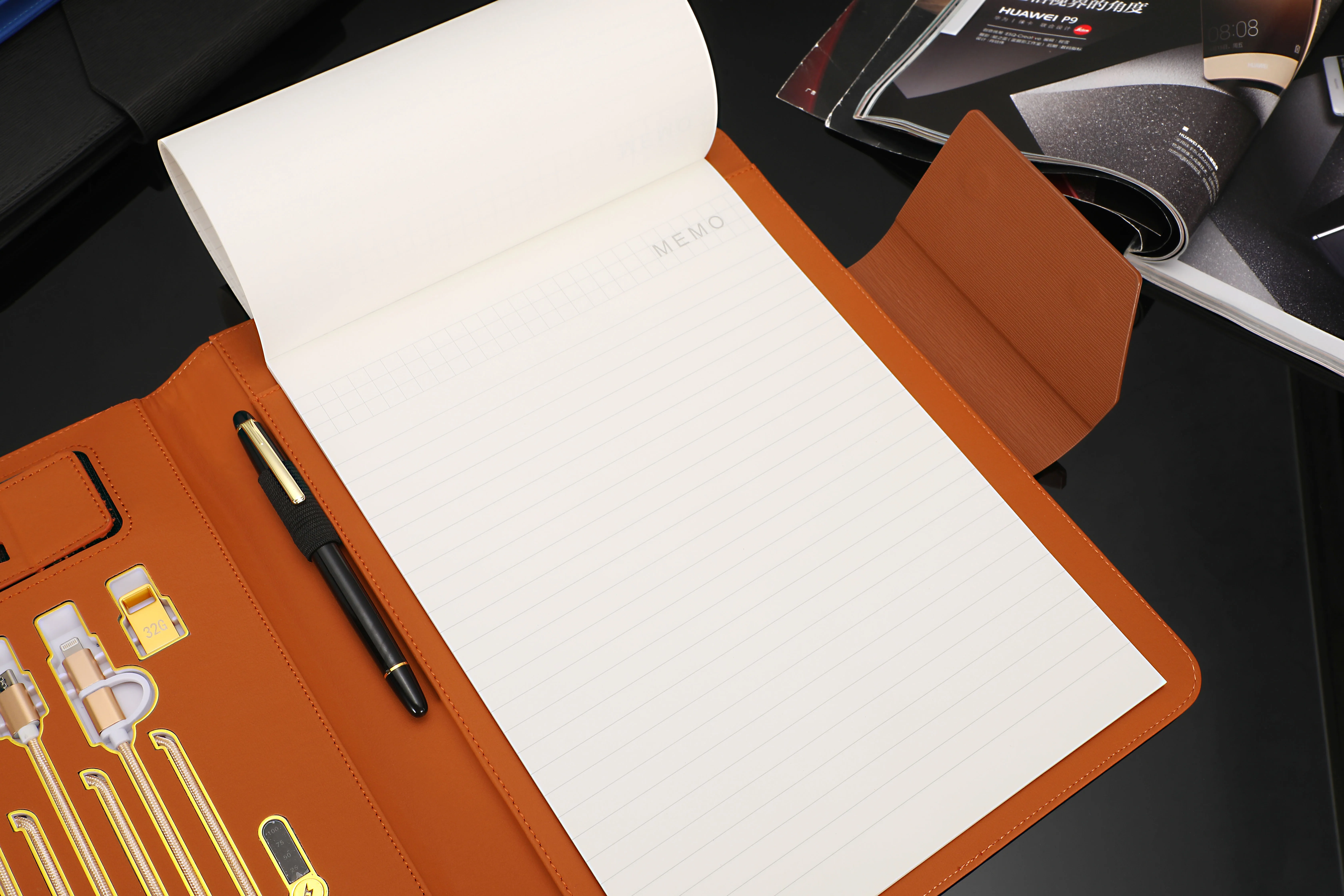 A4 Custom Conference Organiser Manufacture Pu Leather Portfolio File Folder With Power Bank