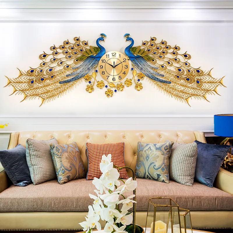 Large 3D double peacock giant metal home wall art luxury decoration peacock wall clock