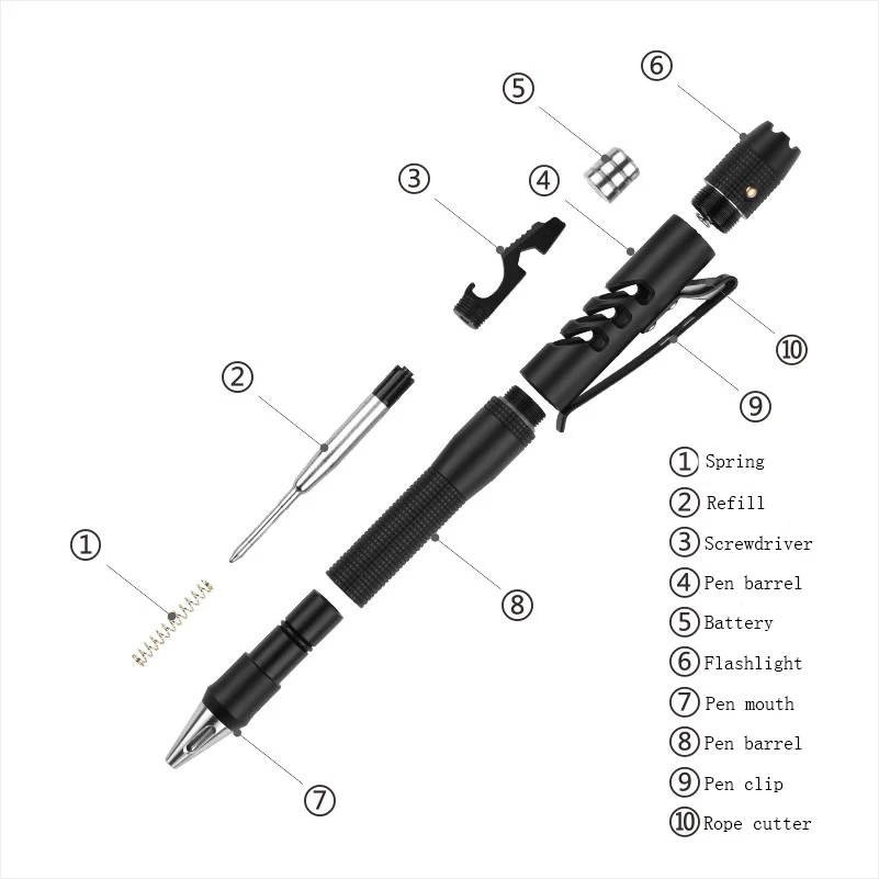 Outdoor Camping Emergency Tools Aluminum Pen Tactical Pen With Light Fire Starter