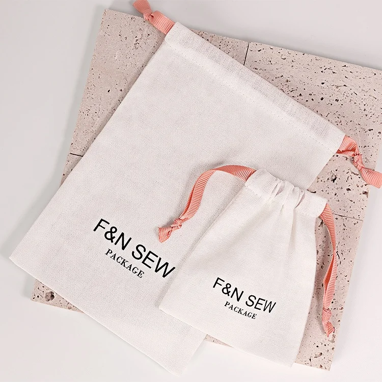 
White Linen Cotton Gift Bags Packing Jewelry Drawstring Pouch Cotton Organic Cotton Muslin Fabric Drawstring Bags 