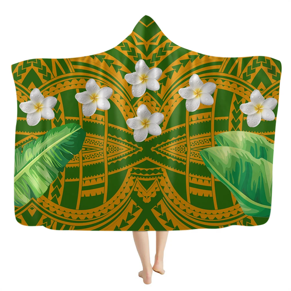 Samoa Maoli Polynesian Tribal Blue Plumeria Flower Floral 3D Custom Print Hooded Blanket for Adult Comfy Plush Blanket with Hood