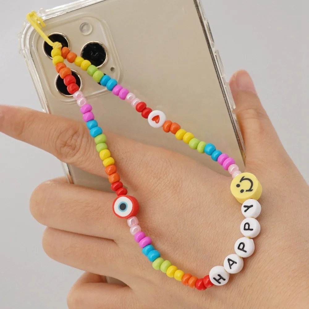 Ziming Customized Designed Polymer Clay Beads Phone Hanger Multiple Disc Clay Beads Smile Face Beads Phone Hanger