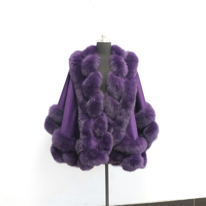 
Factory Price New Europe Cashmere Poncho Cape Femme Double Twine Straight Fox Fur Trim Capa Mujer Big Size Shawl 