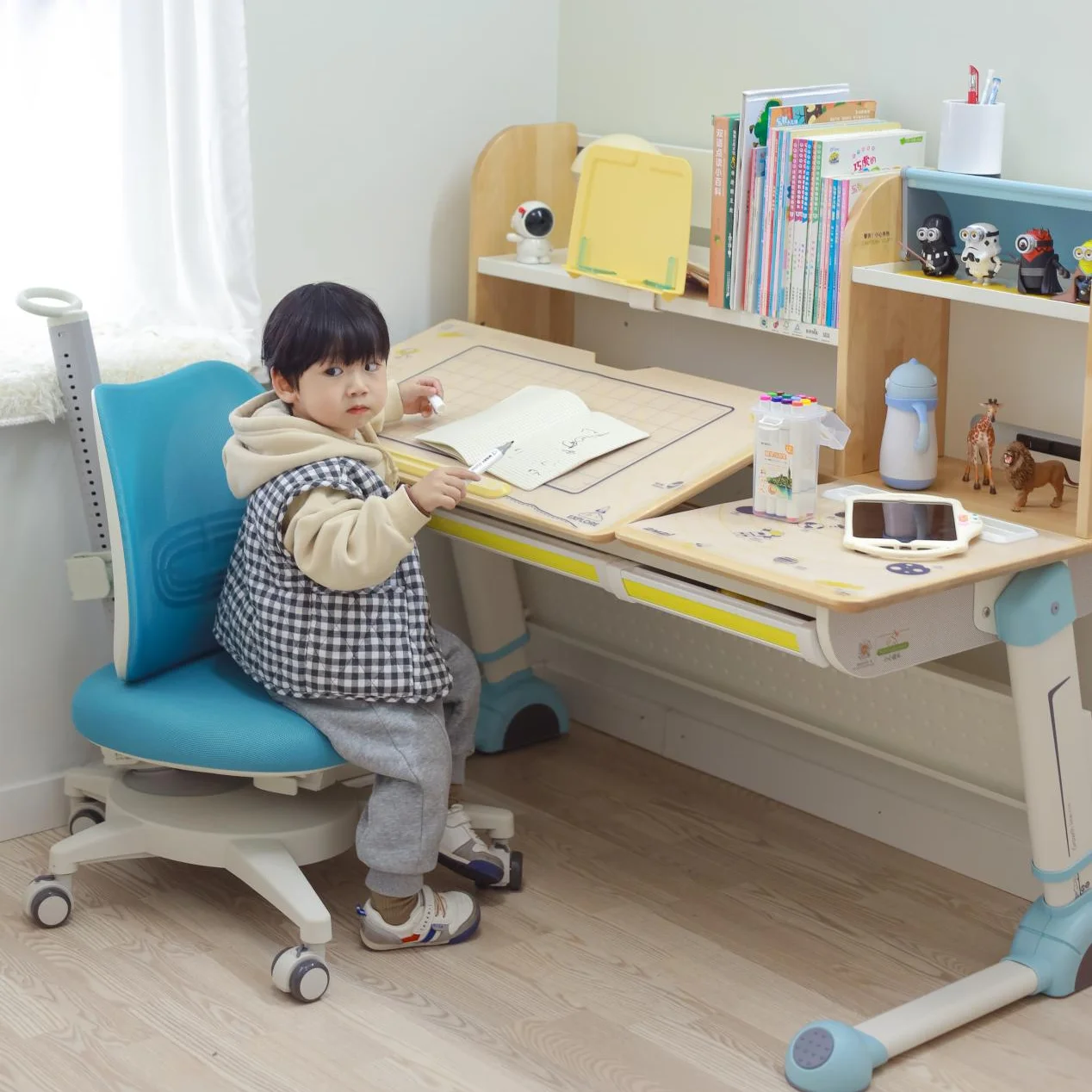 2M2KIDS Height Adjustable Wooden Kids Activity Ergonomic Table Learning Writing Reading Study Table with Drawer