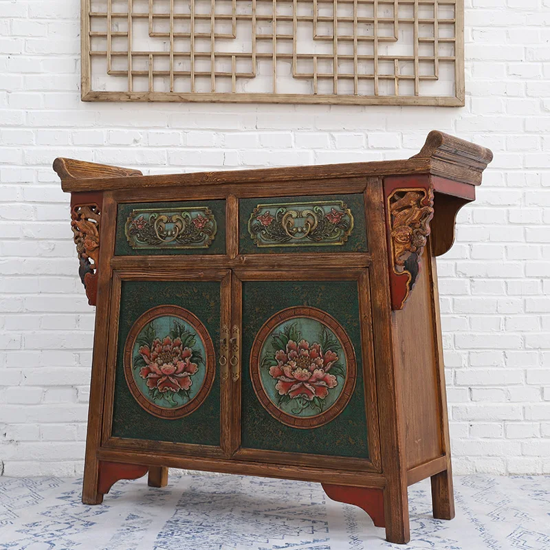 Chinese Vintage Solid Wood Living Room Furniture Wall Decor Antique Custom Carved Storage Cabinet