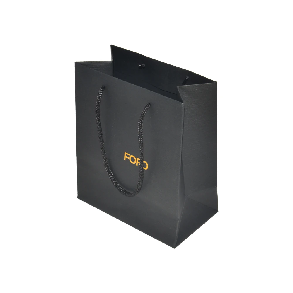 Luxury Gold Foil Logo Custom Branding Jewelry Gift Bag Packaging Kraft Paper Matt Black Shopping Bags with Nylon String Handle