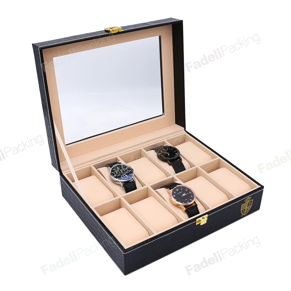 Wholesale fashion 10 slots PU leather watch storage box with logo display black watch boxes