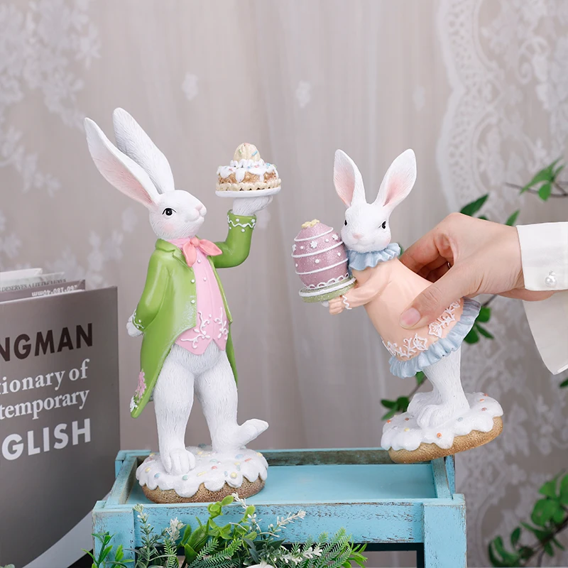 Redeco Hot Sale Spring Desktop Decorations Pink Cute Easter Bunny Figurine Resin Cartoon Rabbit Sculpture