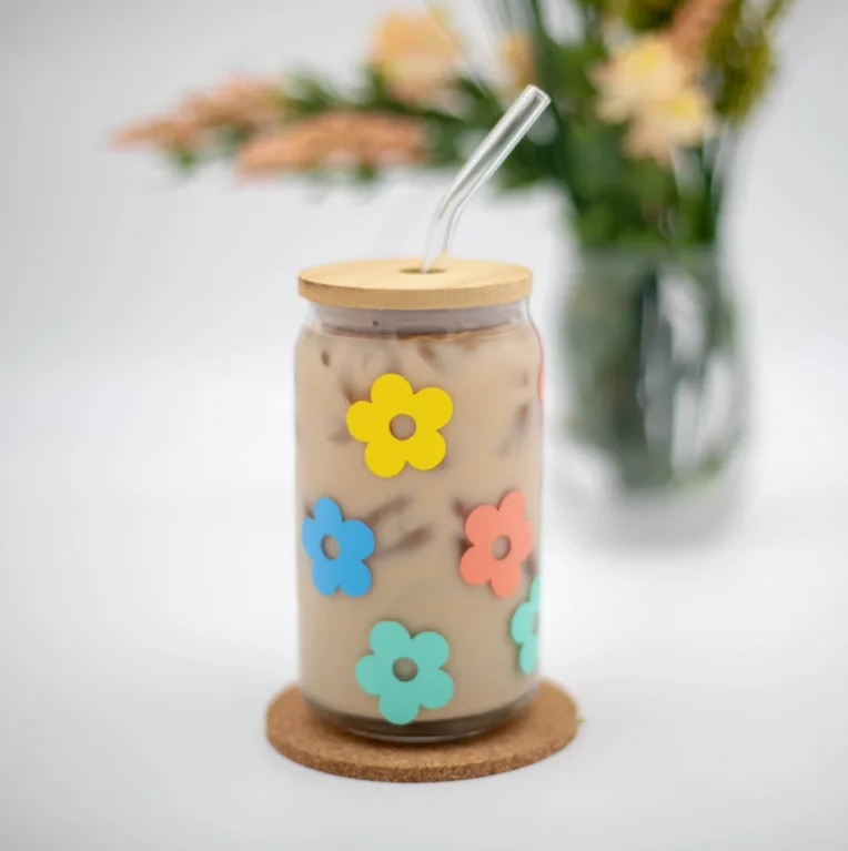 Daisy Coffee Glass, Boho Beer Glass Jar