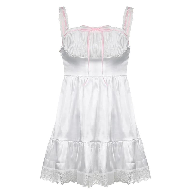Sweet  Girl Summer White Bow Lace Dress Slim Women  Pleat Dress