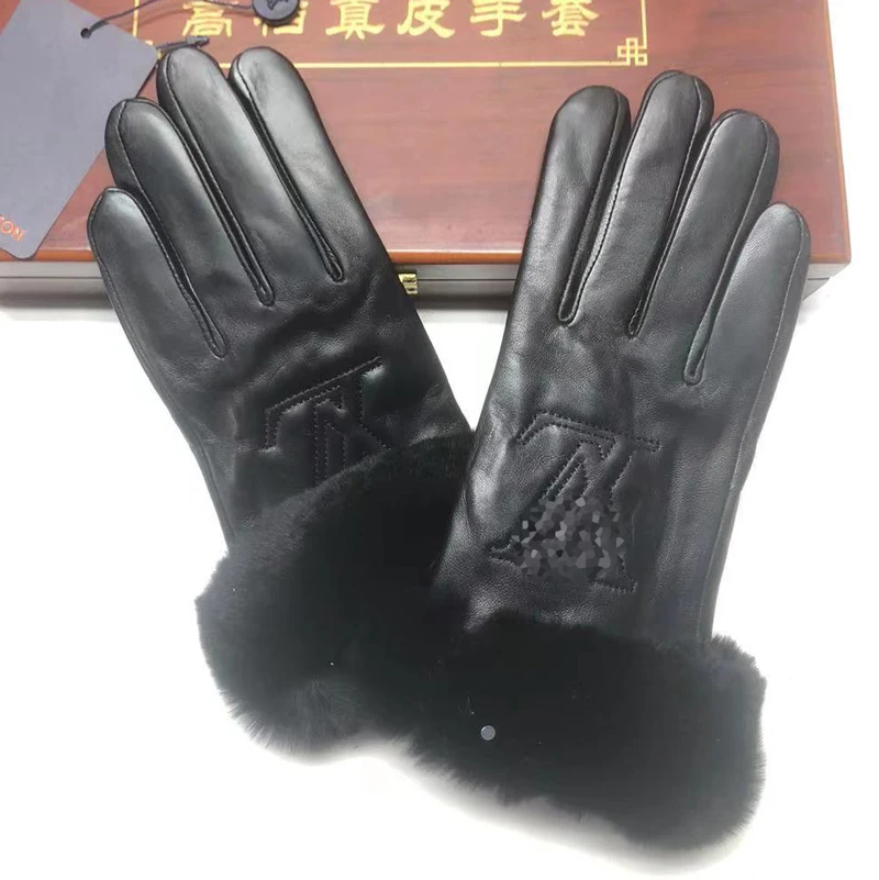 Fashion Ladies Sheep Leather Gloves Touch Screen Rex Rabbit Plush Brand Winter Warm Luxury Genuine Leather