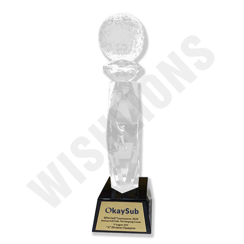 Crystal golf trophy 3d lasering engraving black base with gold metal plate custom printing championship golf hole in one trophy