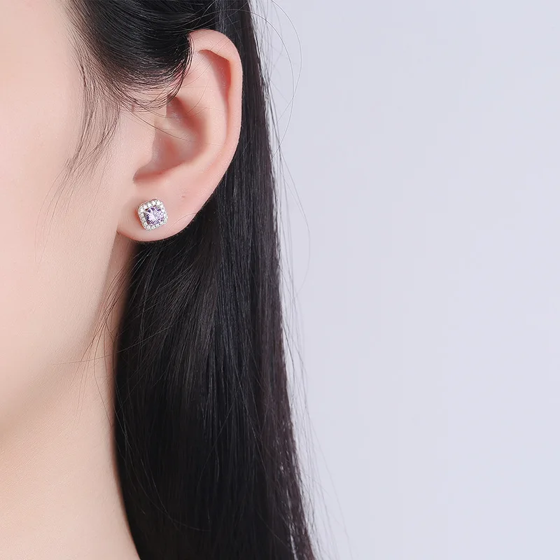 Rainbowking Fashion 925 Sterling Silver Pave Setting Square Blue CZ Stud Earrings For Men Women 18K Rhodium Plated Jewelry Gifts