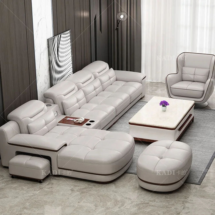 Modern Luxury Living Room Multi-functional Leather Modular Sectional L Shaped Sofas with Round Rcliner USB Bluetooth Speakers