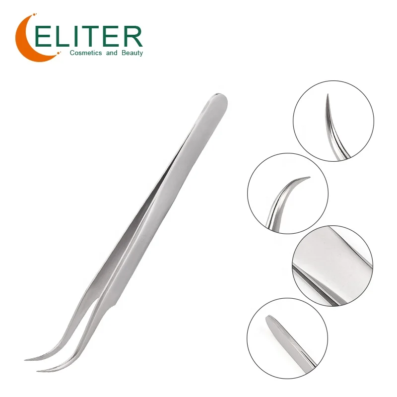 ELITER Wholesale Stainless Steel 60 Degree Tip Eyelash Tweezers Long Eyelash Fabric Tip Tweezers Classic Curved Eyelash Tweezer