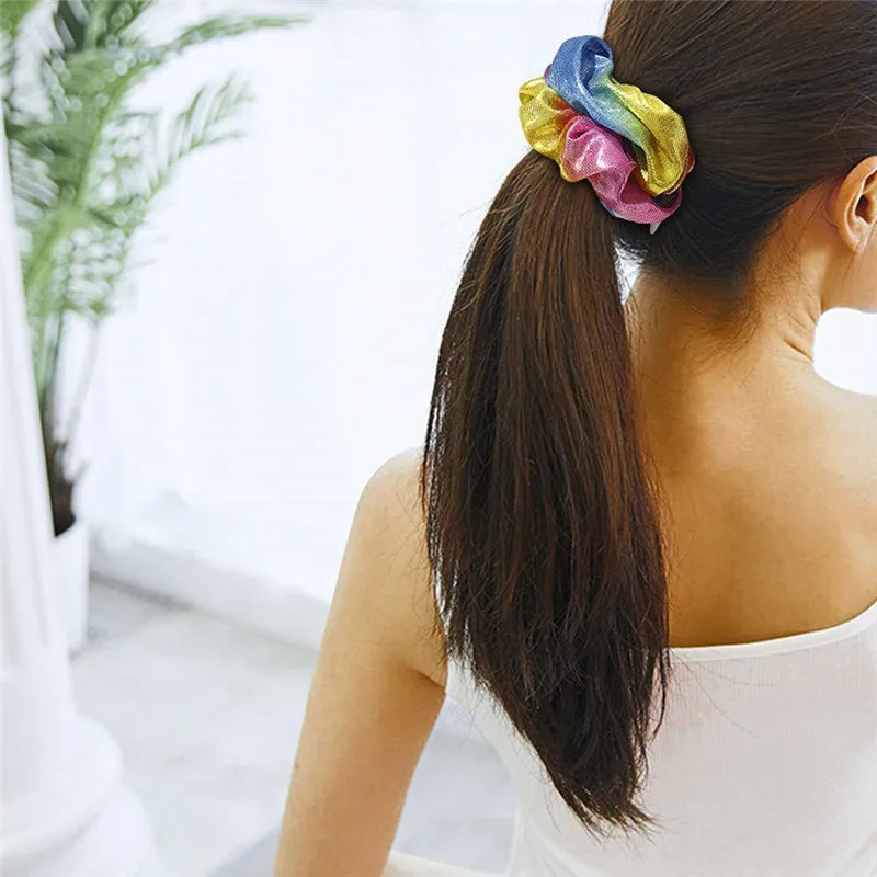 Customize Women Iridescent Pony Tail Hair Bands Shiny Soft Colorful Fabric Pocket Zipper Tie Dye Scrunchie