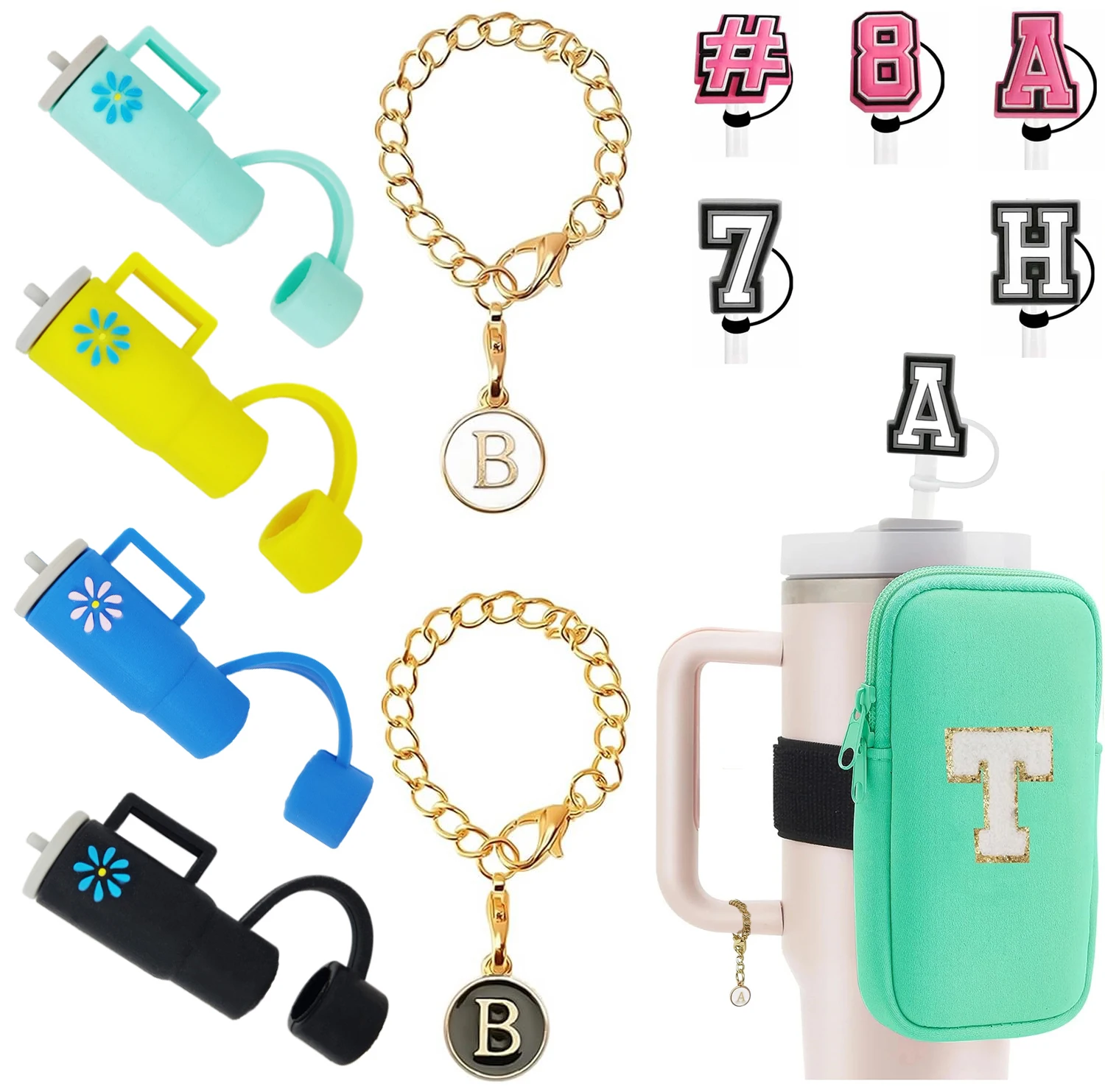 DD2350  Personalized Cup Accessories Letter Charms Name ID Initial Letter Number Tumbler Straw Cover & Pouch for Cup