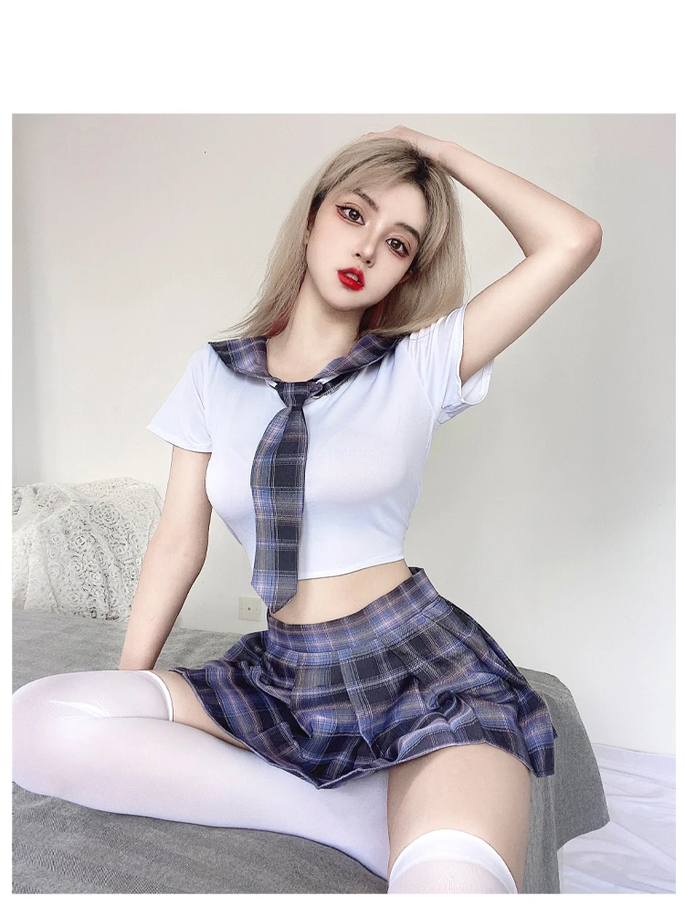 Womens Girl Sexy Schoolgirl Lingerie Set Japanese Anime Roleplay Outfits Uniform Sets Shirt with Plaid Skirt