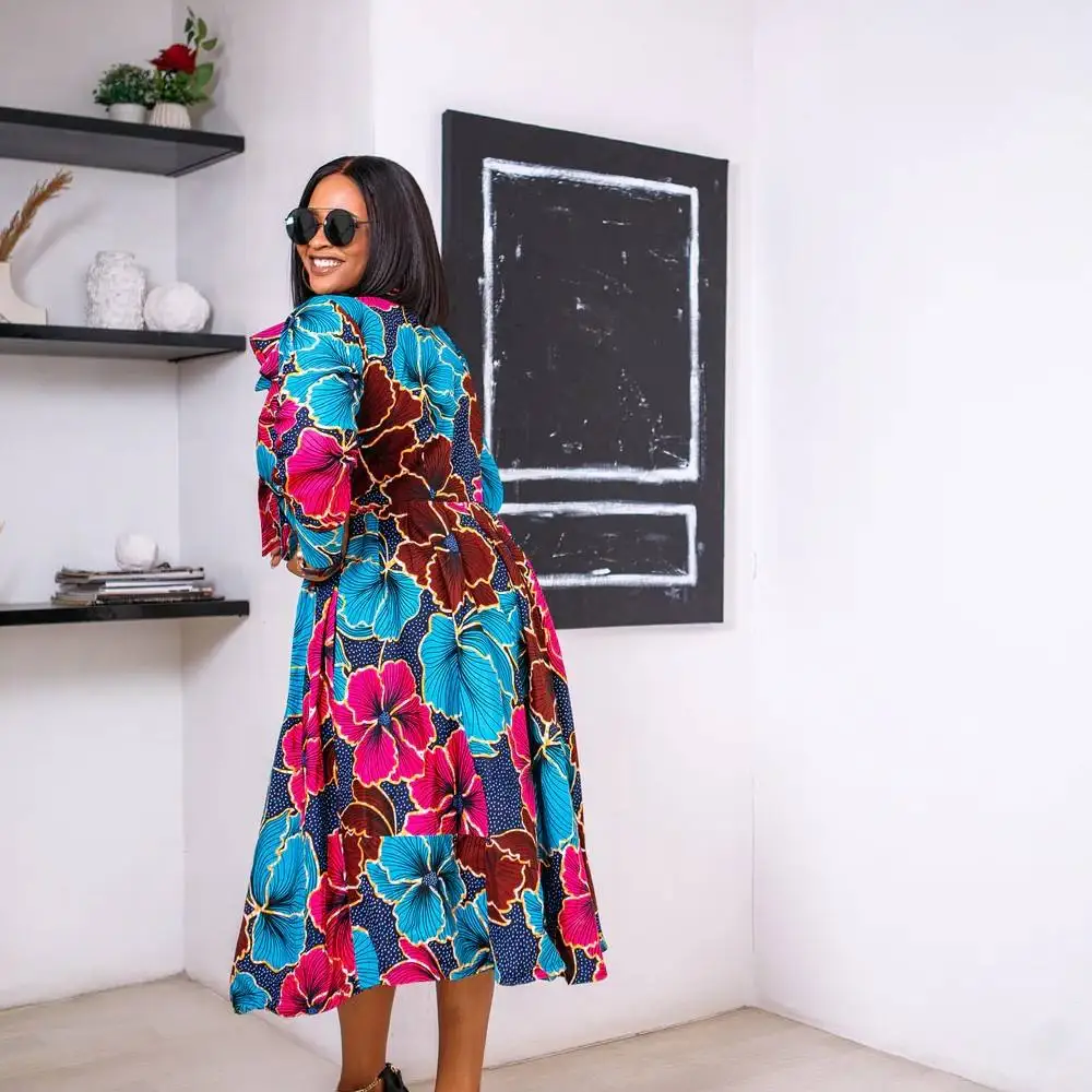 2023 Fall Clothing Fashion African Print Long Sleeve High Waist Puffy Bow Neck Midi Dress Africa Plus Size Dress