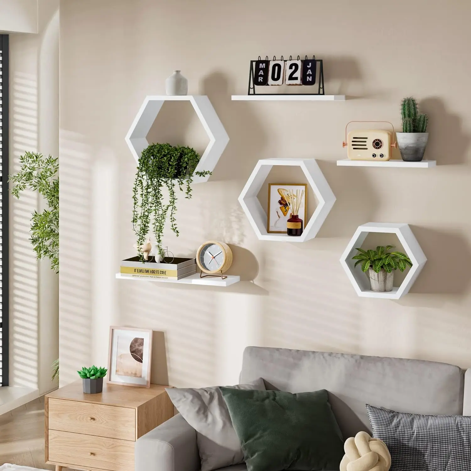 Black wooden hexagonal wall mounted 6-piece modern geometric wall storage rack displaying plant photos Living room bedroom