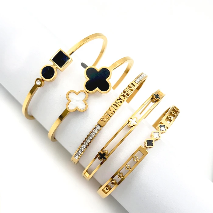 Wholesale Stainless Steel Open Bracelet Jewelry Lucky Gold Four Leaf Clover Bangle Cuff Bracelet For Women And Girls