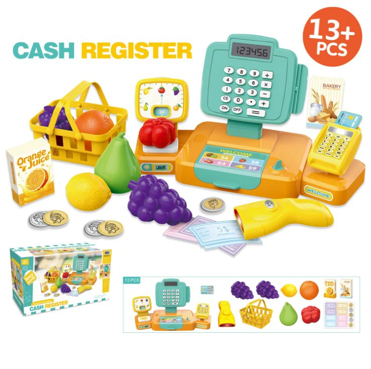 DIY Pretend multi-function intelligent shopping supermarket fruit scan cash register toy set with microphone