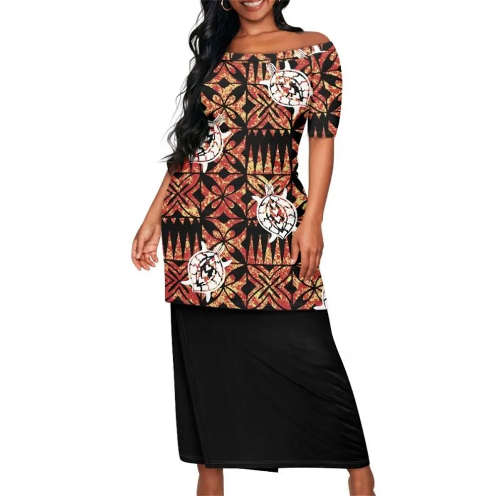 Women Polynesian Tribal Samoan Tapa Flower Print Maxi Dresses Custom Samoan Puletasi Two Piece Elegant Dresses