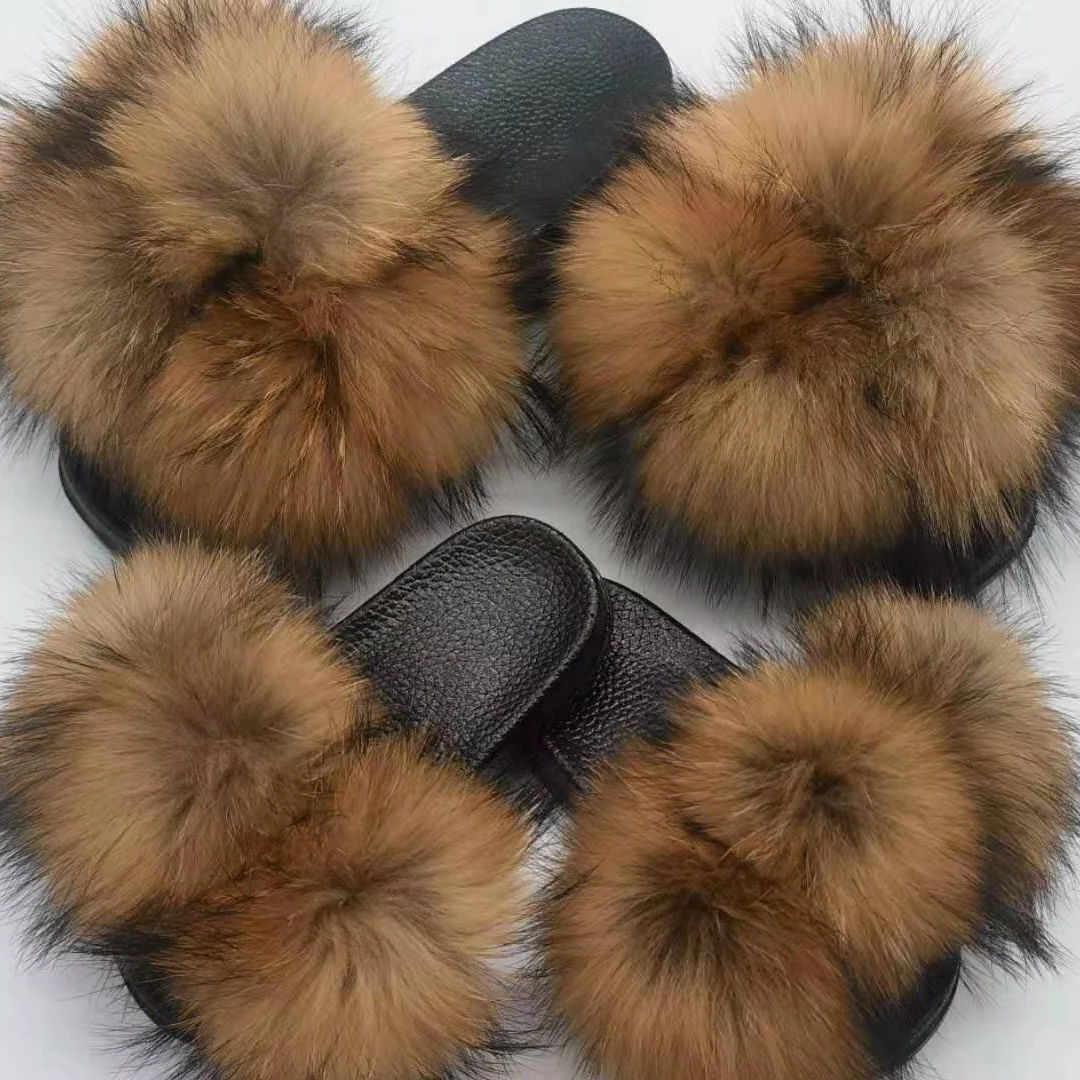 Best Selling oversized fur slides fox fur slipper Kid/baby/children with mommy size as set pink brown white fur slides