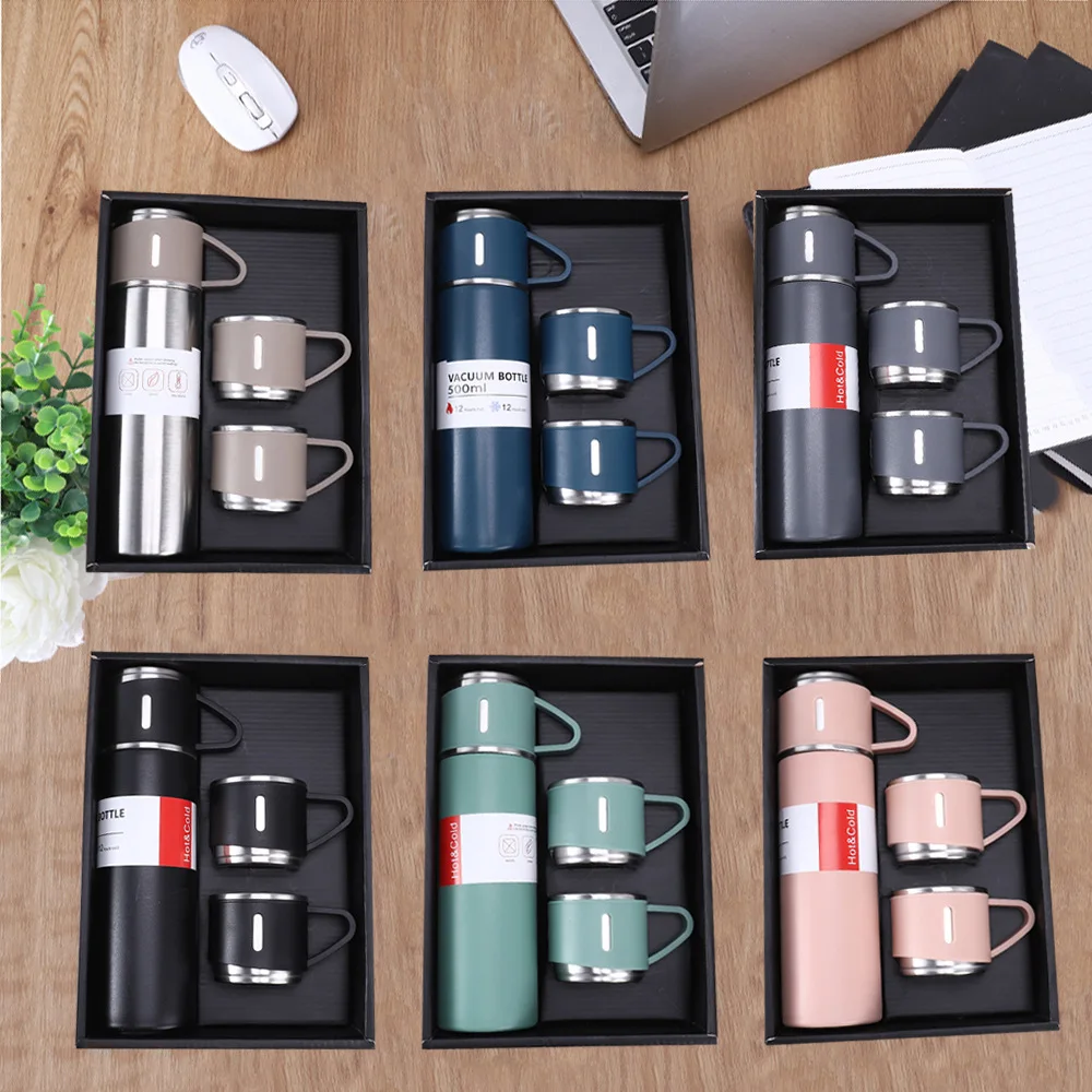 Geschenkset Flasche mit Tasse Insulated thermos bottle vacuum flask water bottle mug tumbler gift set with 3 lids