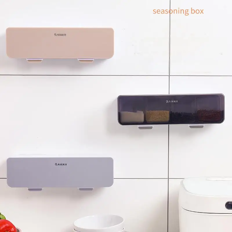 Lid Square 4-Lattice Spoon Seasoning Box PET Chopsticks Tableware Storage Herb Spice Tools Salt Pepper Sets Salt