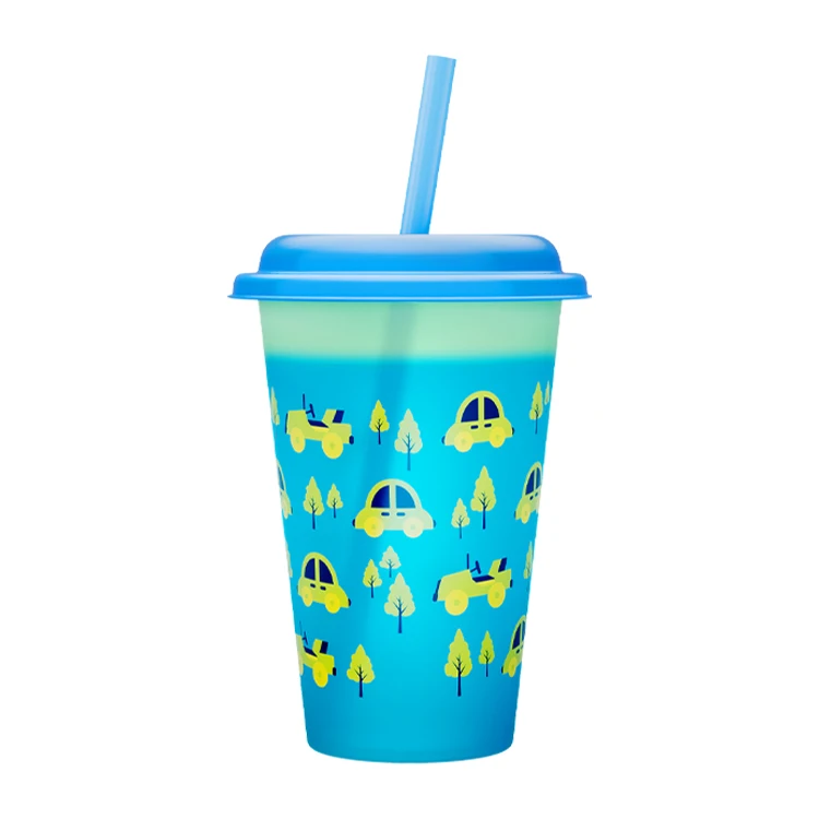 Customization OEM ODM Kids Cartoon Silk Screen Color Changing PP Plastic Cups With Lids And Straws