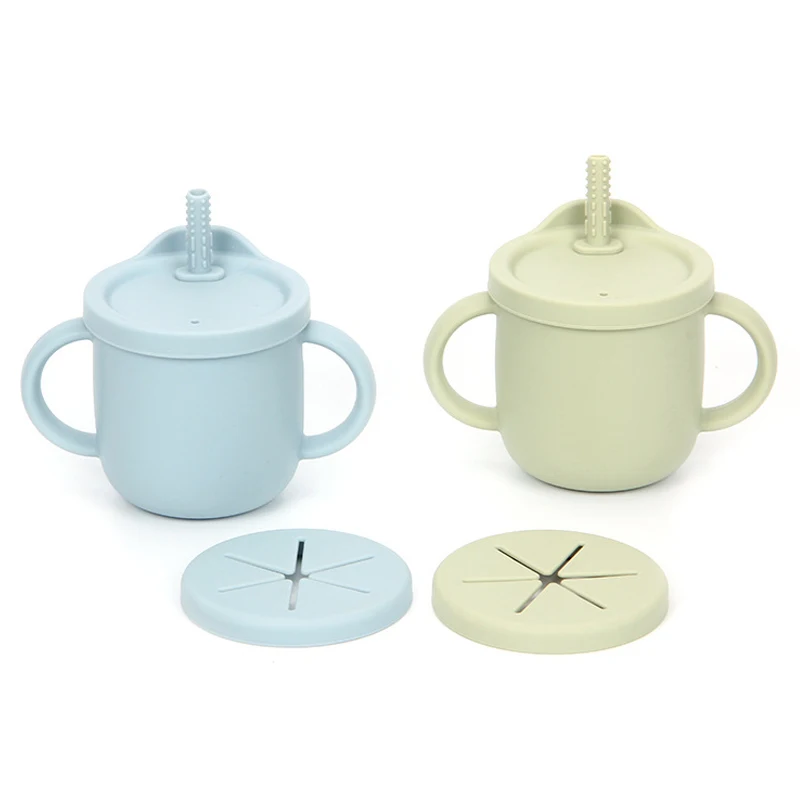 Silicone Baby Non Spill snack straw Cup learning Training drinking Sippy Straw Cup With  lid cover