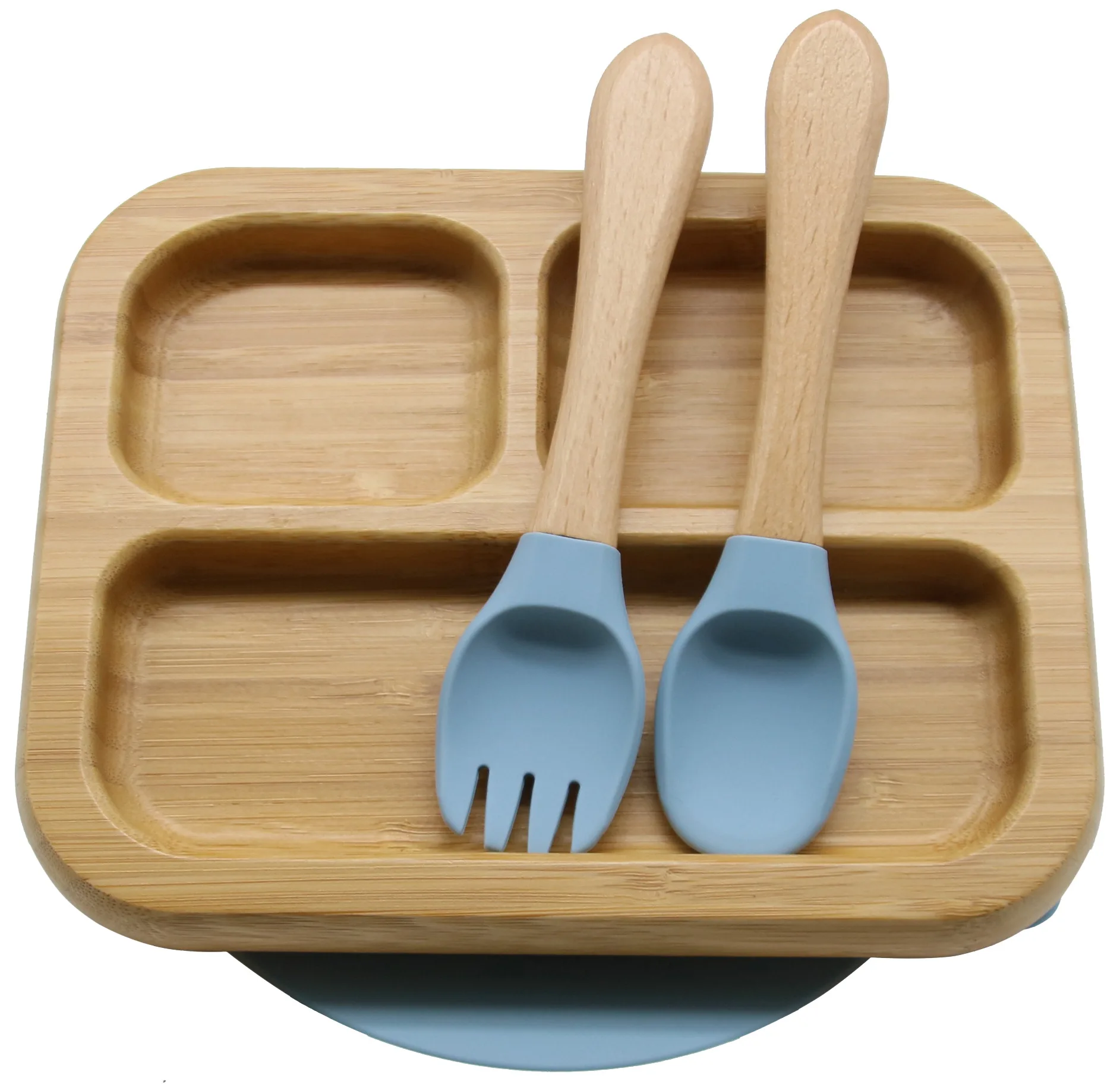 Bamboo Suction Plates Bowls Set for Baby Toddler Divided Platter Food bowl with Silicone Fork Spoon Baby Feeding Set