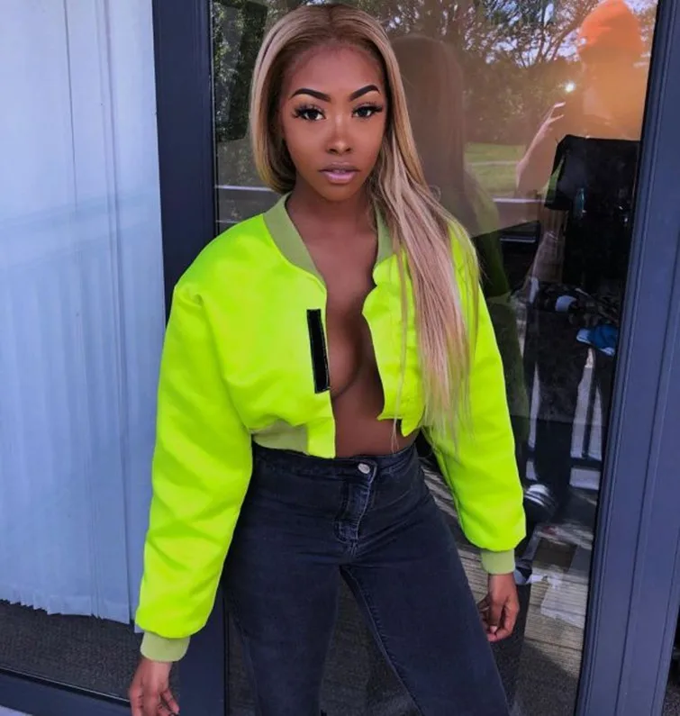 Solid neon colored jacket women zip up lightweight oversized cropped bomber jacket