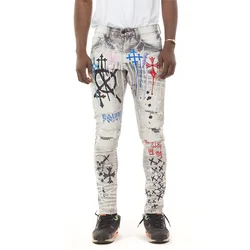 Fashion High Quality Stylish Light Color Unity Rhinestone Letter Dripping Design Jean Long Pants Men