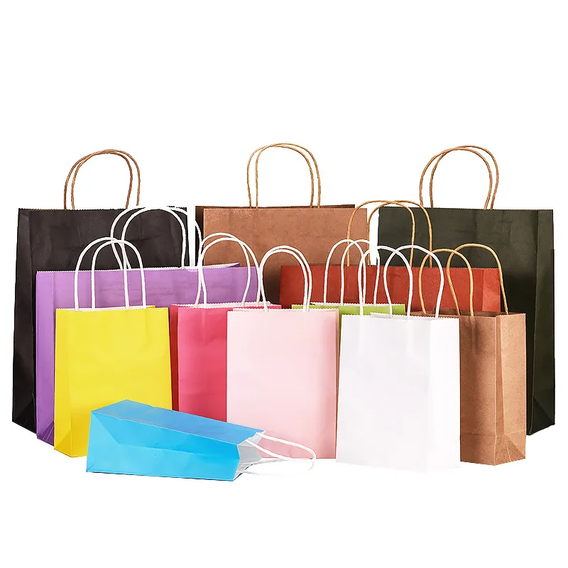 Customize Your Own Logo Various Color Kraft Paper Shopping Bags with Handles for Food Takeaway
