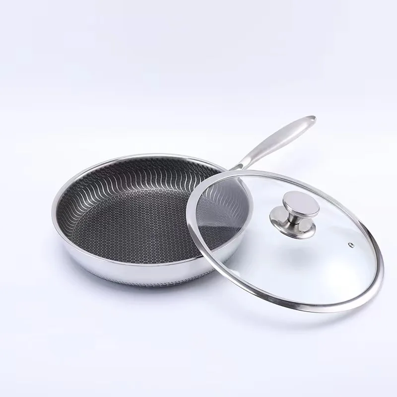 316 Stainless Steel Wok Double Sided Honeycomb Frying Pan with Glass Lid Kitchen Cooking Pan