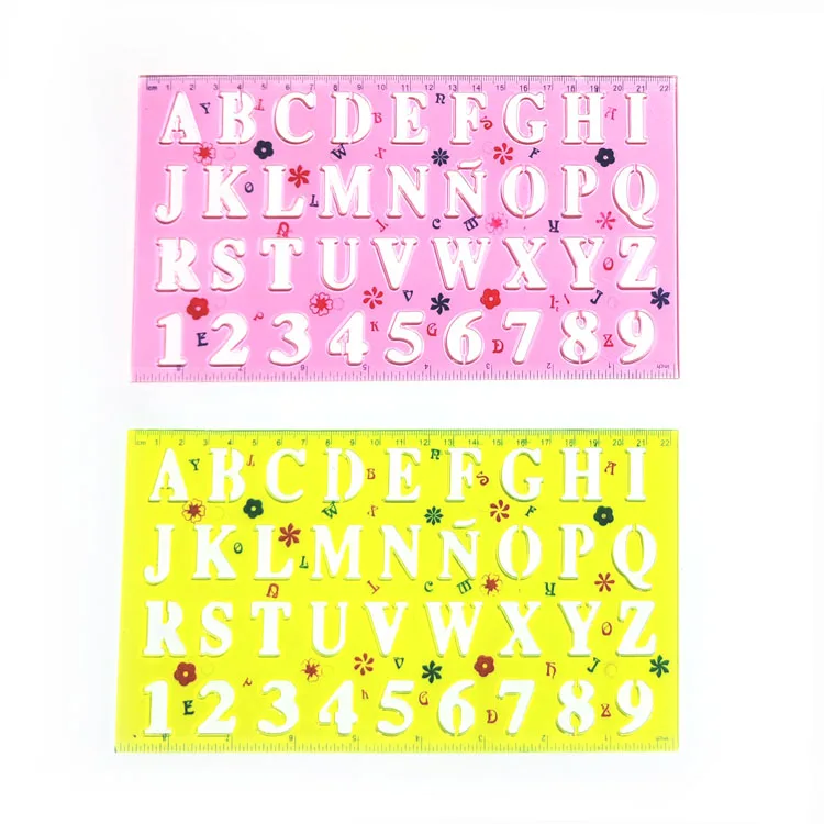 Wholesale Clear Colorful Letter Alphabet Stencil Trace Ruler 2 Pieces Plastic Ruler Set for Kids