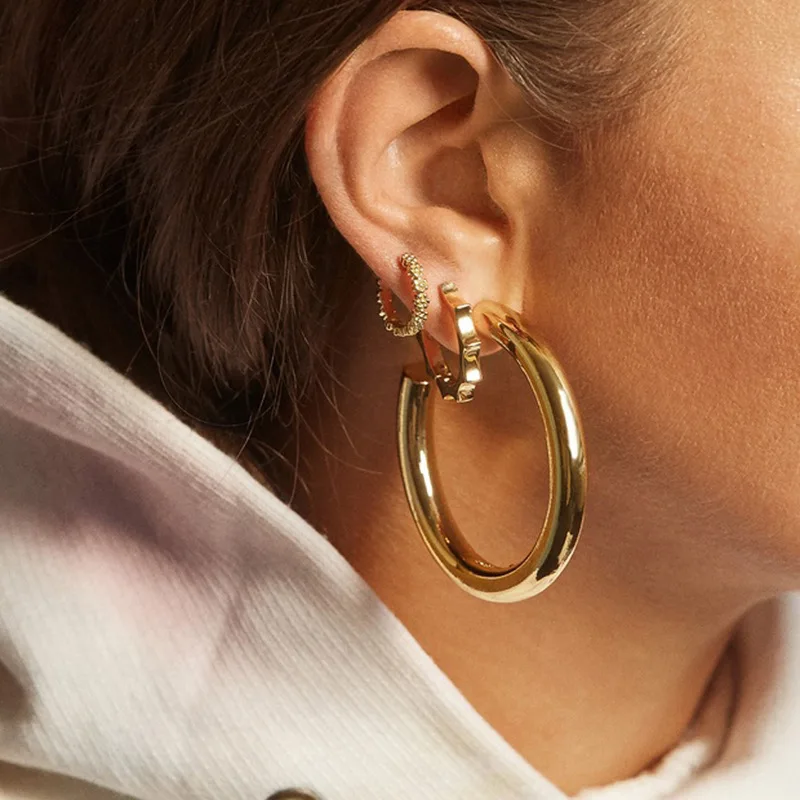 14K Gold Colored Chunky Open Hoops Gold Hoop Earrings for Women