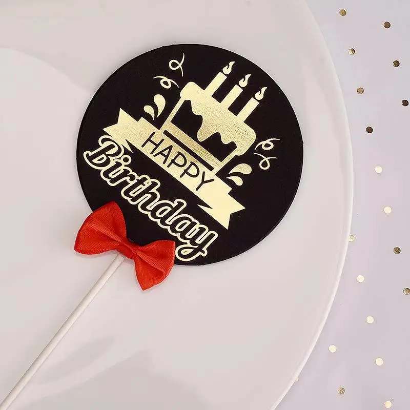 Black card bronzing Printing  with bow tie cake Topper   Happy birthday cake Decoration Make a Cake Topper