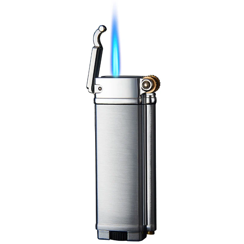 F097 focus fashion grinding wheel windproof gas refillable multi-color metal lighter grinder with blue flame