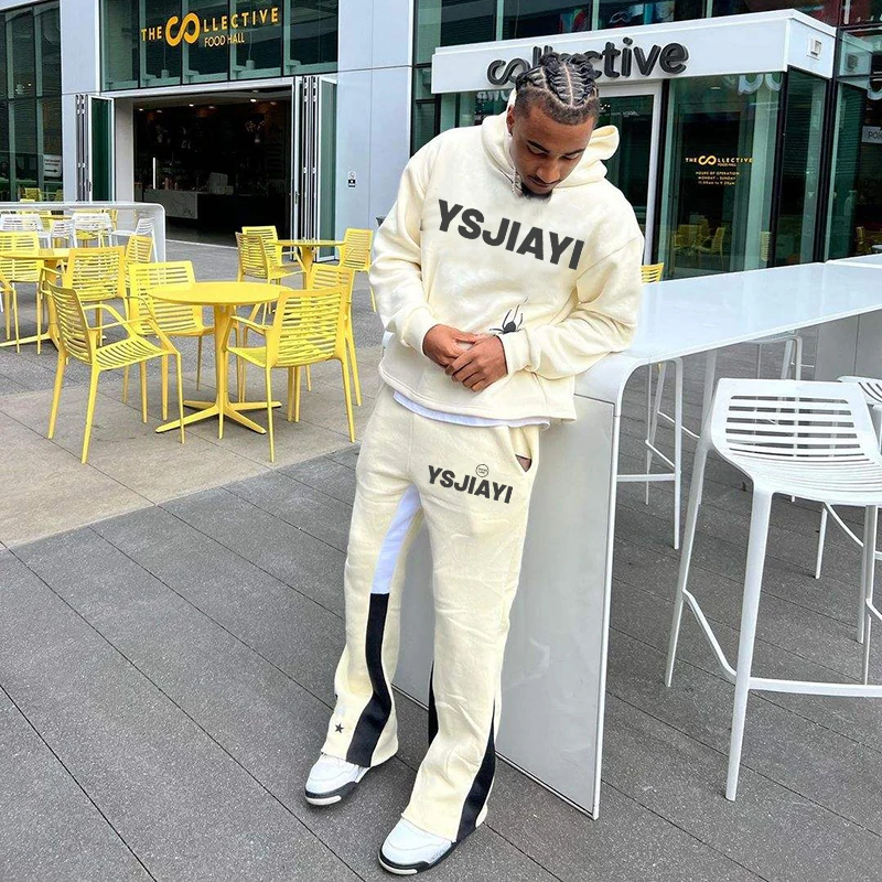 Custom logo Stacked Sets Sweat Suits men Two Pieces Winter Flare Pants Sets hoodies Tracksuits sweatsuit for Men