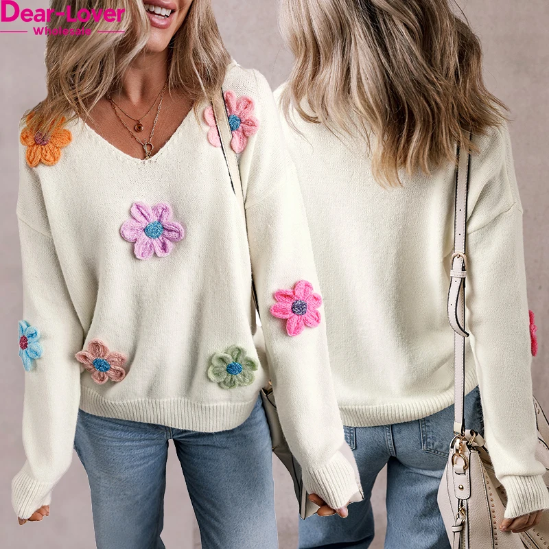 Dear-Lover Wholesale Women Clothing Manufacturers Crochet Flower Knitted V Neck Women Sweater
