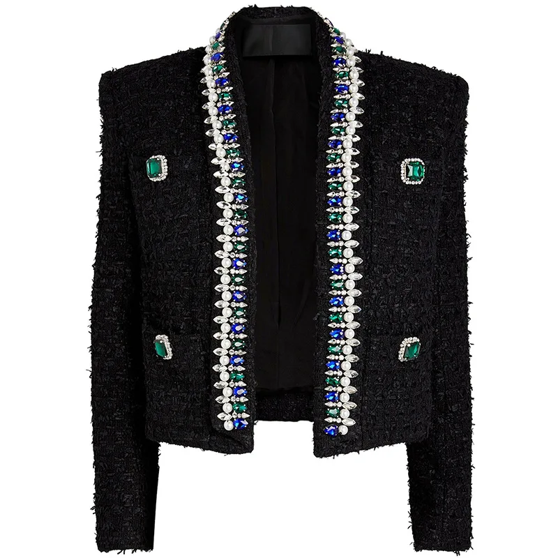 Fashionable new heavy diamond studded nail beads green fruit collar short woolen jacket jacket
